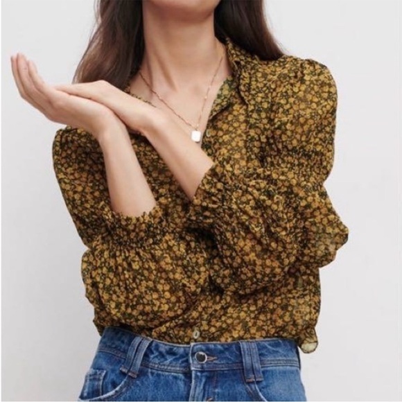 Zara Yellow and Black Ditsy Floral Button Up Ruched Sleeve Blouse. Size Small. - Picture 1 of 11